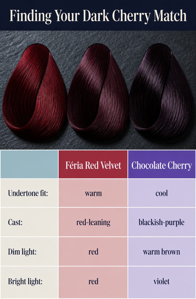 Dark cherry hair shade guide with red velvet and violet burgundy swatches
