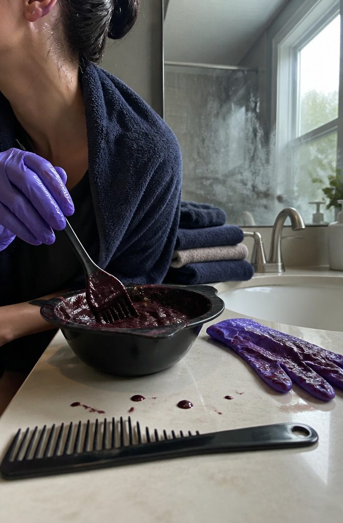Bowl of dark cherry dye with purple gloves and petroleum jelly near the hairline