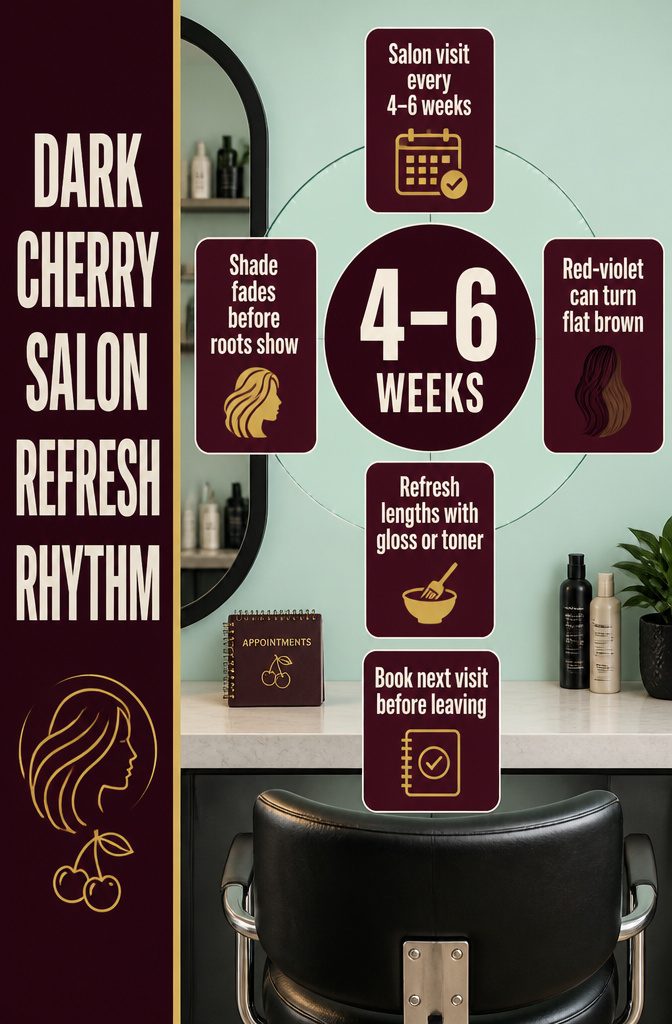 Dark cherry hair with refreshed burgundy lengths and visible roots