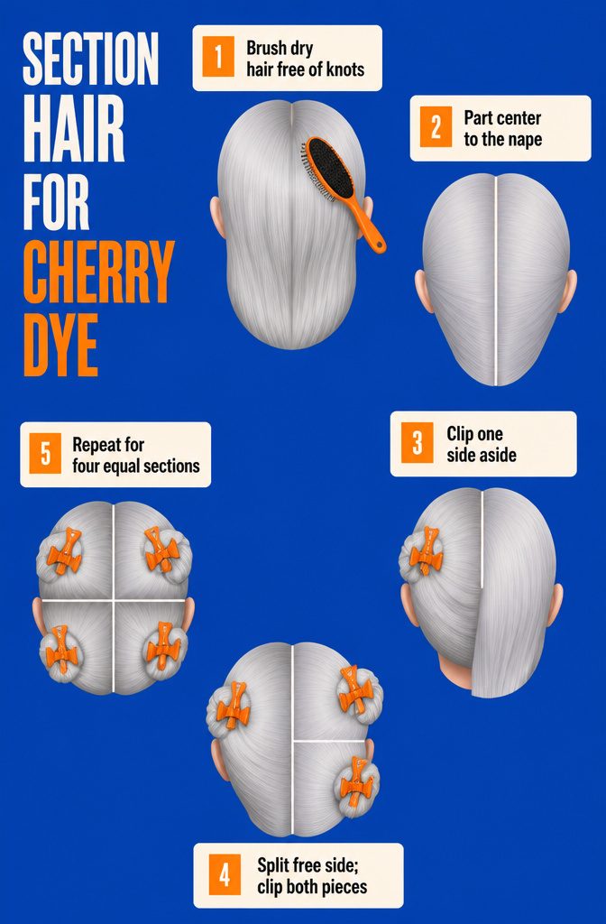 Hair divided into four clipped sections along a center part