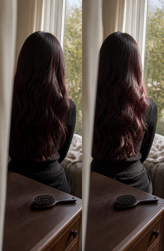 Dark cherry hair showing deep burgundy tones with a subtle red sheen