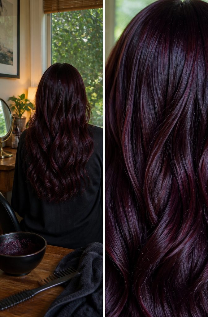 Dark cherry hair with blended red and violet tones