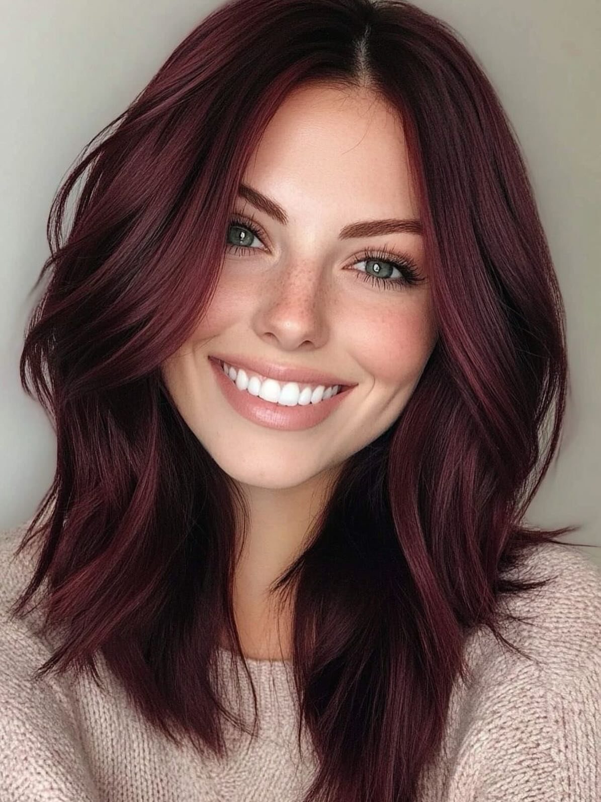 Woman with long, wavy burgundy-red hair and subtle reddish highlights