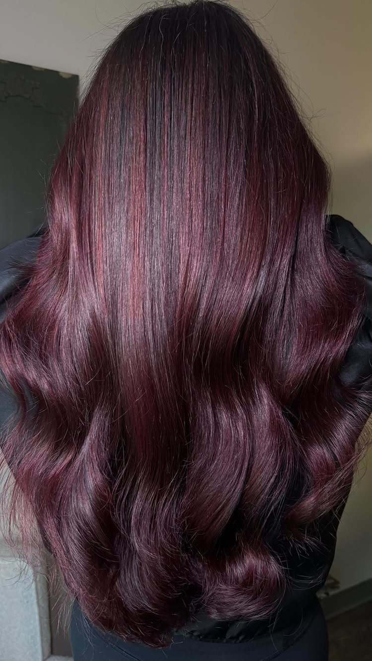 Long, wavy dark burgundy hair with glossy red highlights seen from behind