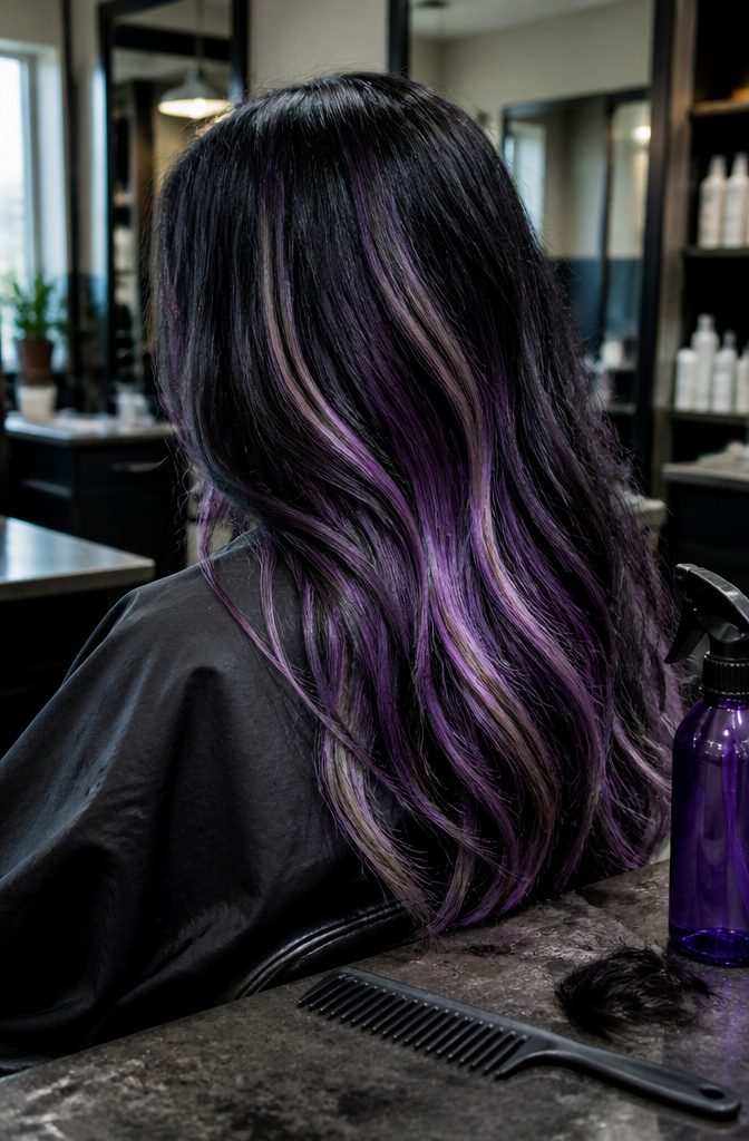 Black hair with purple strands woven through the lengths