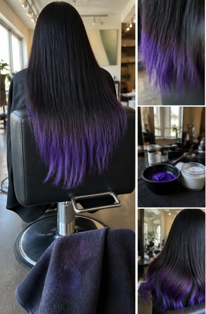 Black hair with purple dip-dyed ends