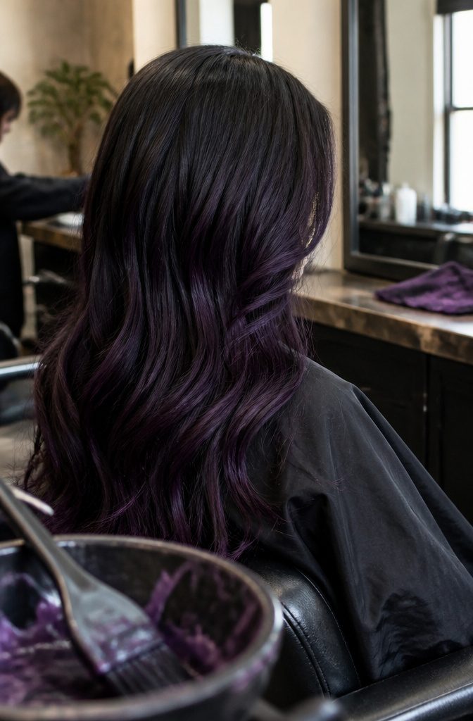 Profile view of black roots fading into deep purple balayage