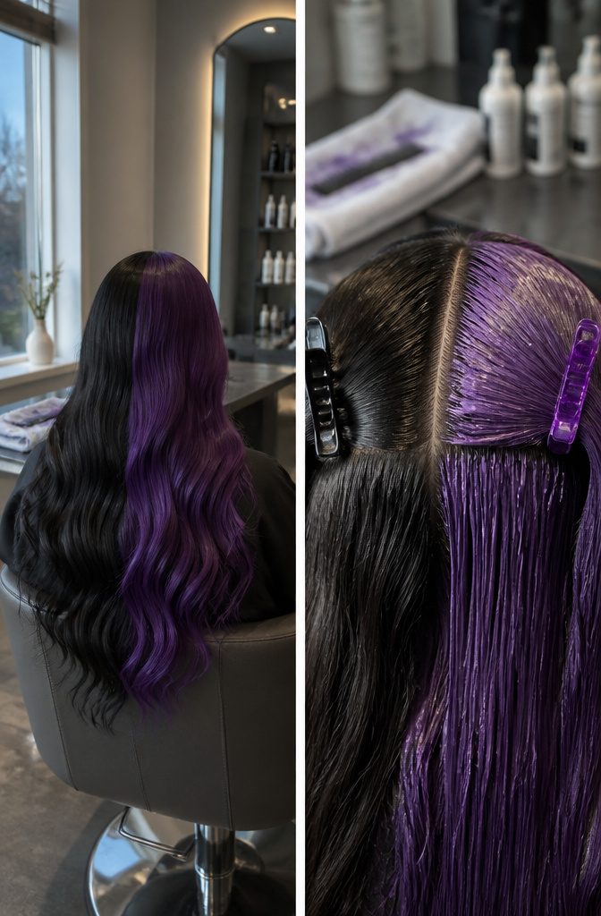 Hair split at the center with black on one side and purple on the other