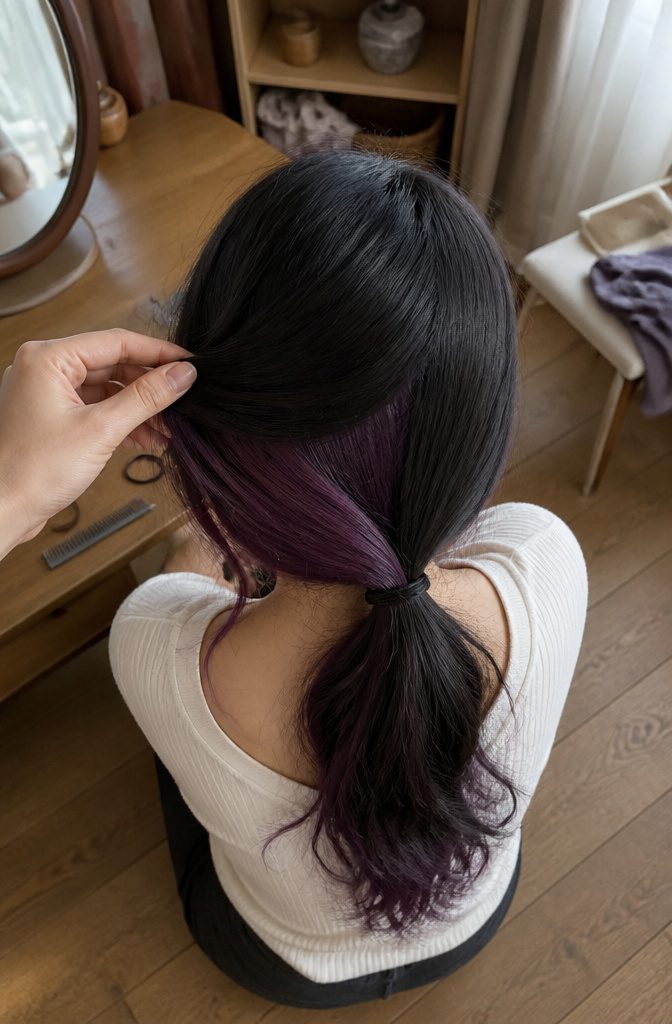 Black hair covering a purple underneath layer near the nape