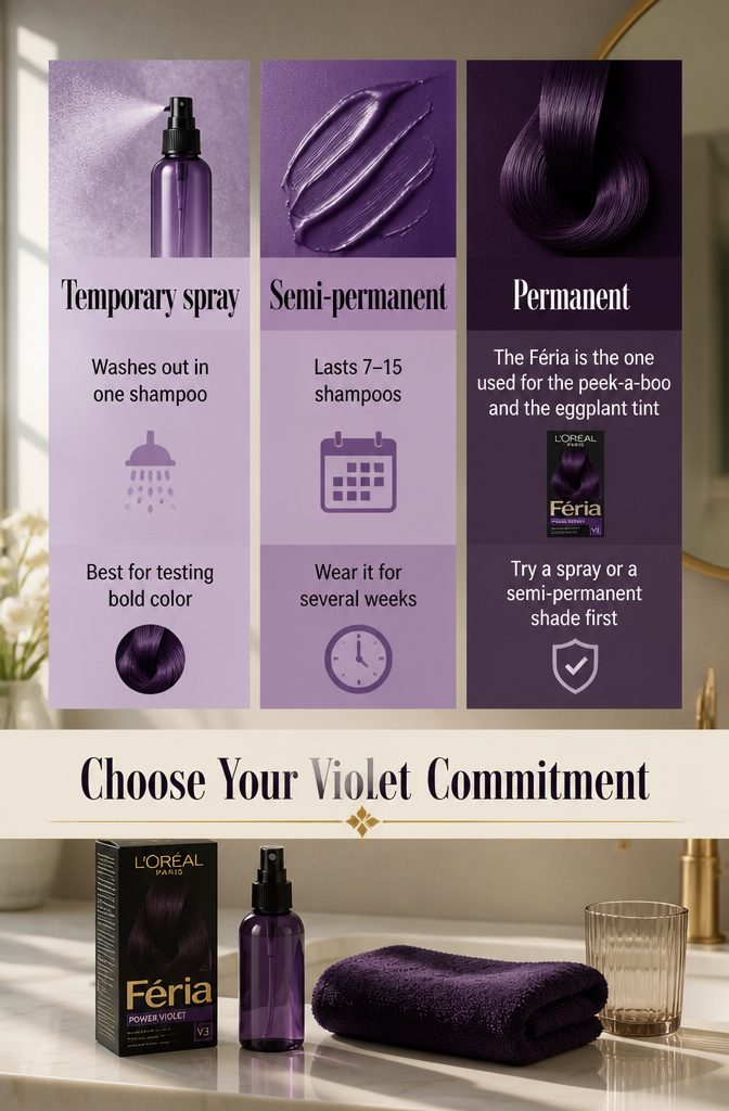 Beauty graphic titled Choose Your Violet Commitment