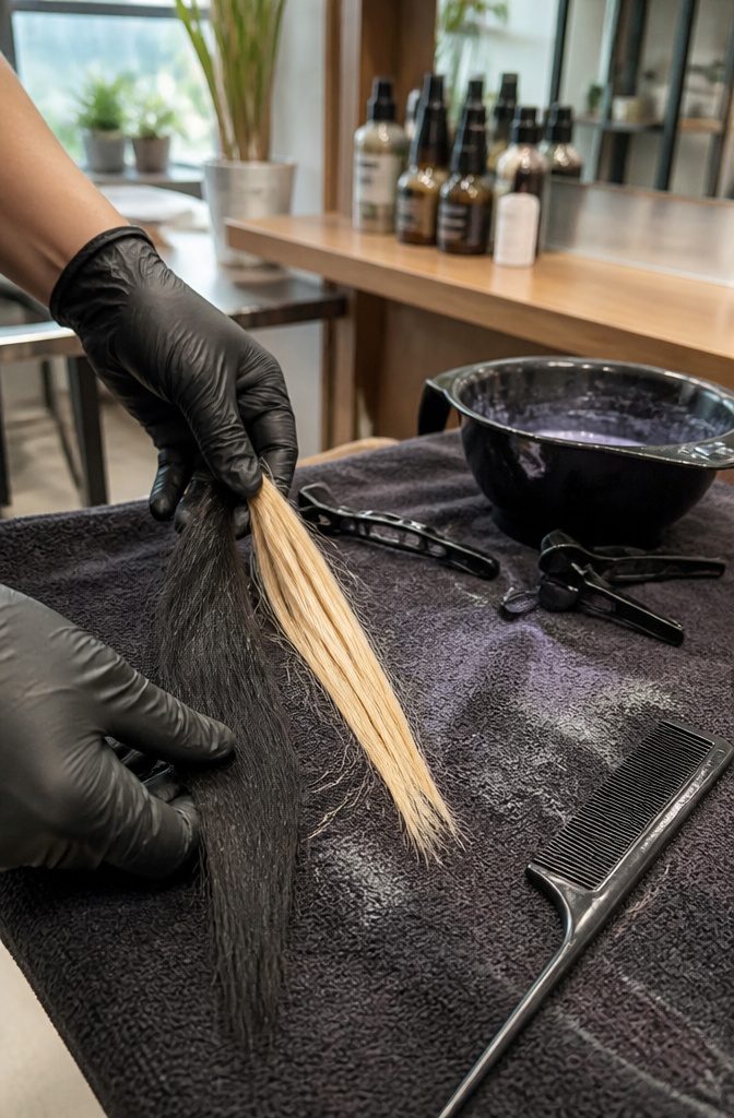 Dark and pale lightened hair strands beside salon mixing tools