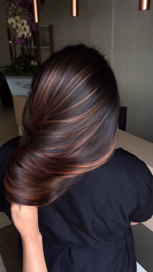 Long dark brown hair with shiny coppery bronze highlights swept across the back