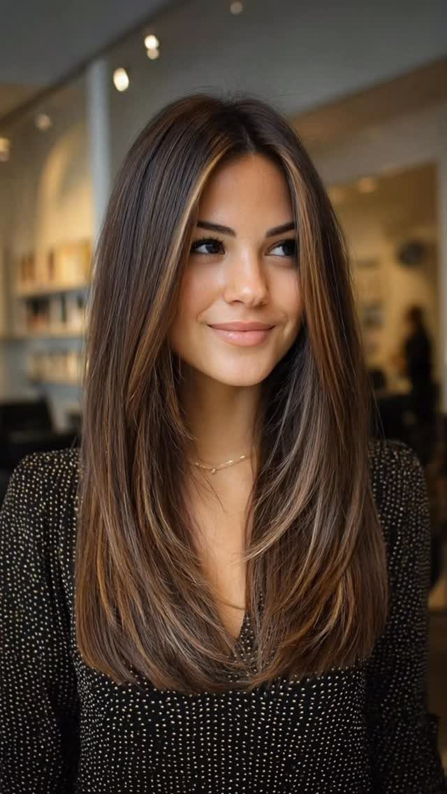 Woman with long dark brunette hair and subtle golden caramel highlights