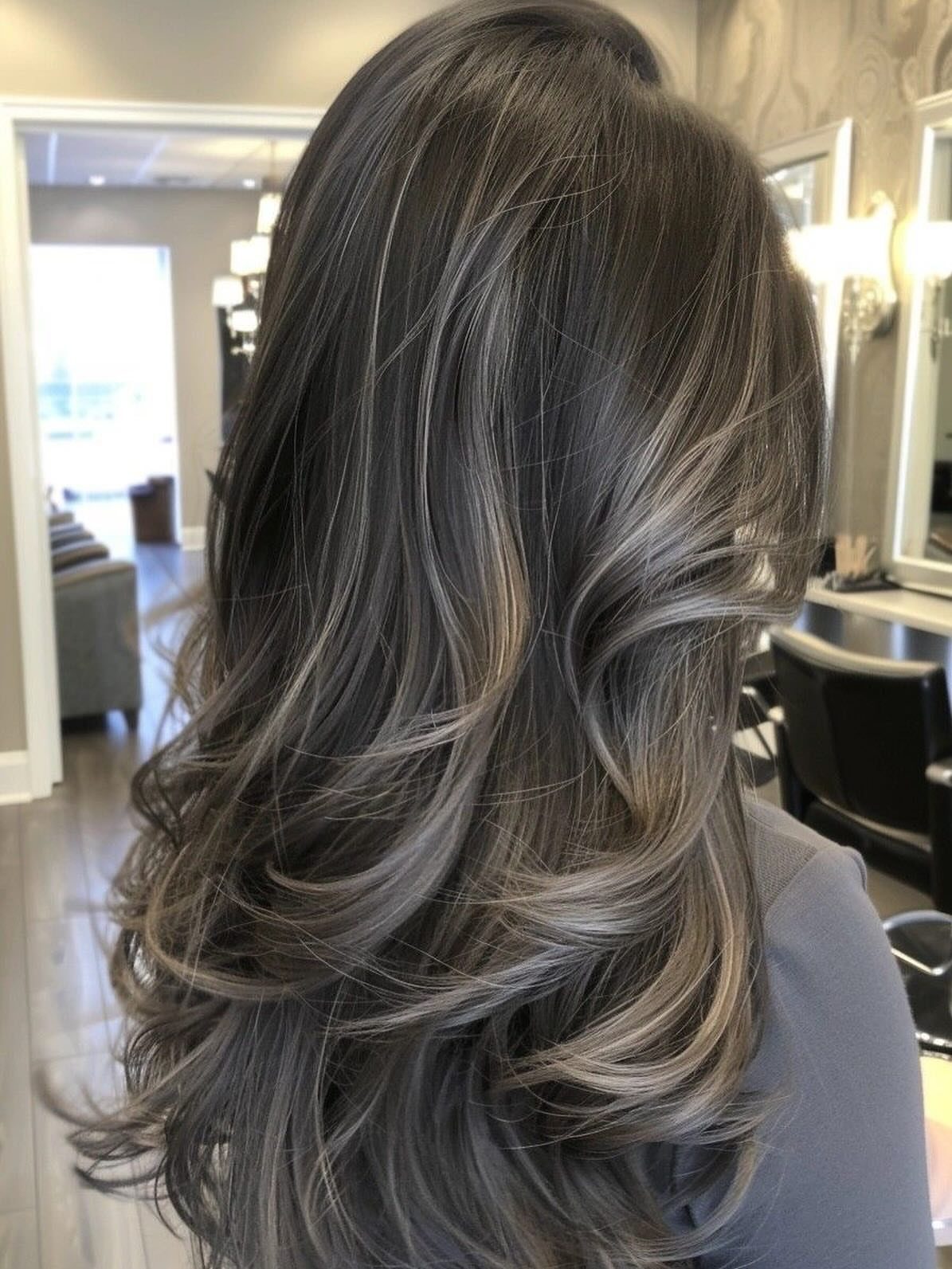 Long layered cool smoky brown hair with silvery highlights in a salon