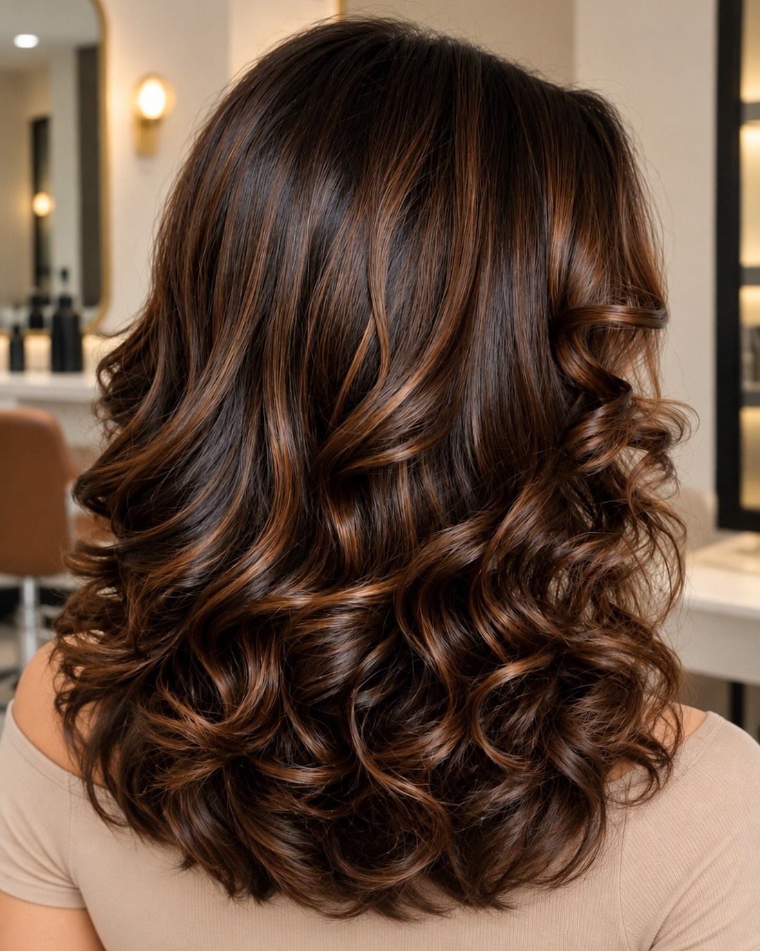 Long mocha-brown curls show subtle dimensional highlights in a salon