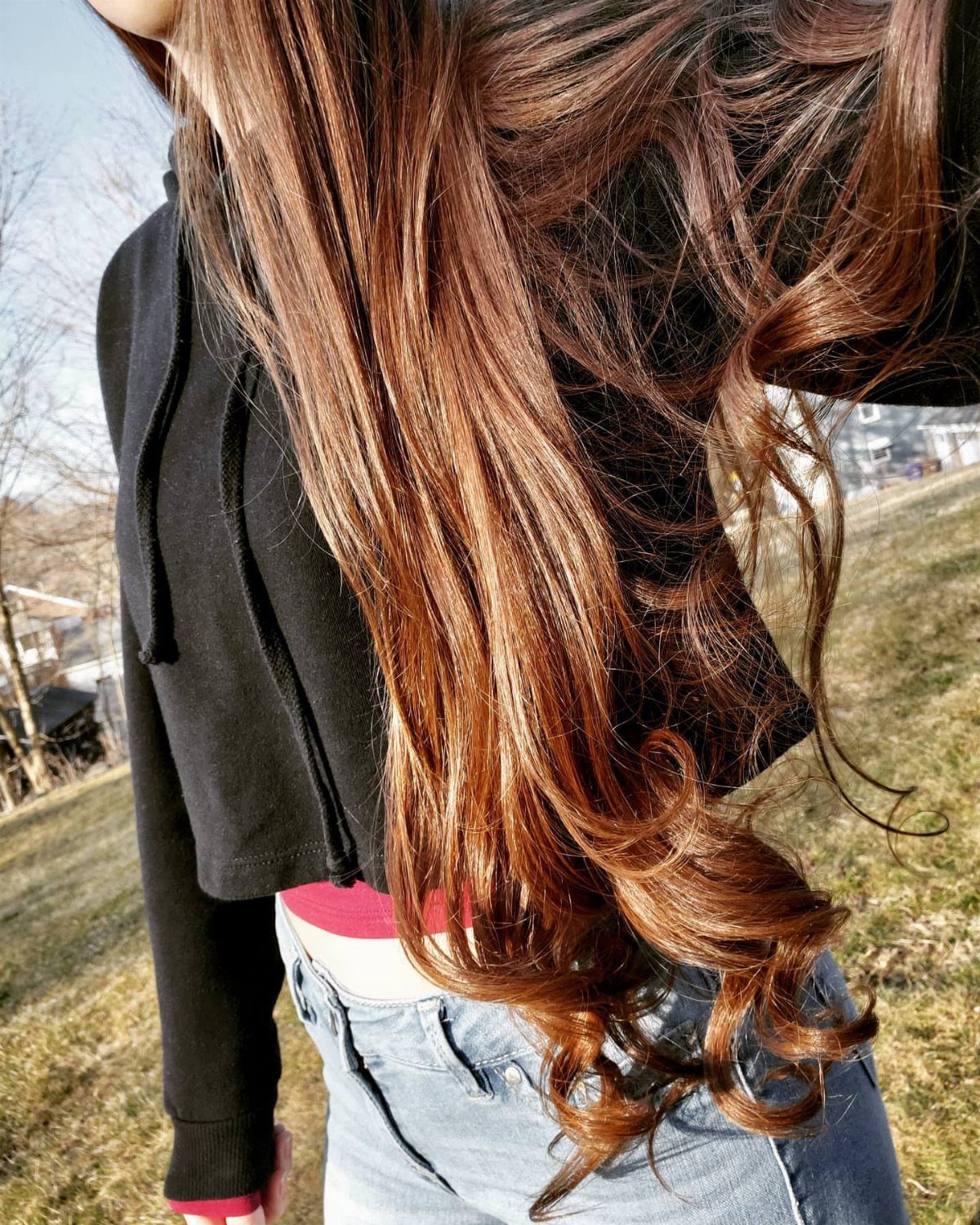 Long wavy strawberry brown hair with coppery strands shown from behind