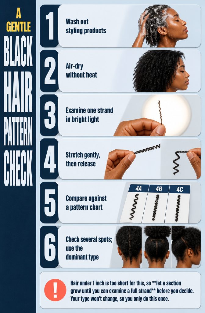 Hair pattern check graphic with numbered instructions and a strand-matching chart