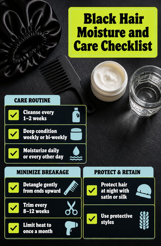 Black hair moisture checklist with cleansing conditioning moisturizing and detangling steps
