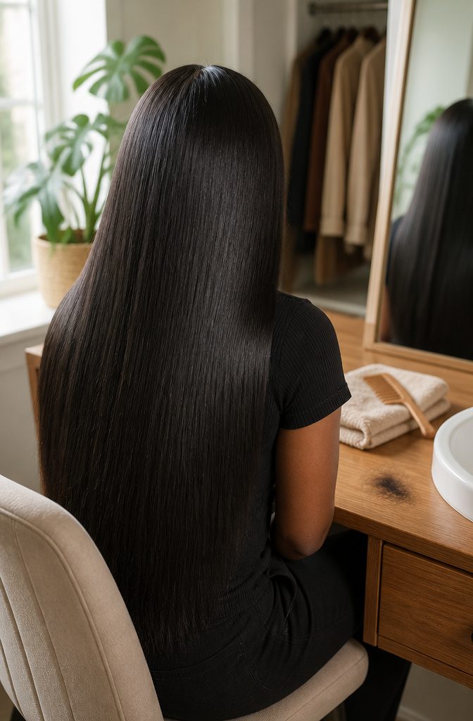 Straight hair lying flat from roots to ends without a visible bend
