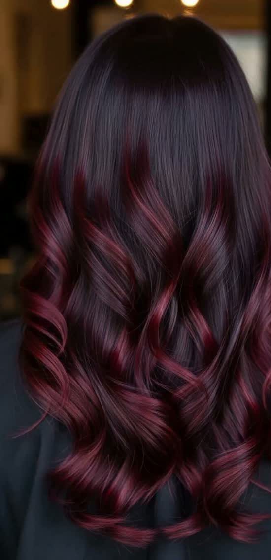 Dark plum-red hair falls in glossy, loosely curled waves