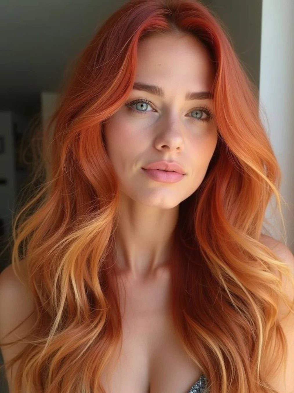 Woman with long wavy ginger-red hair and golden blonde highlights
