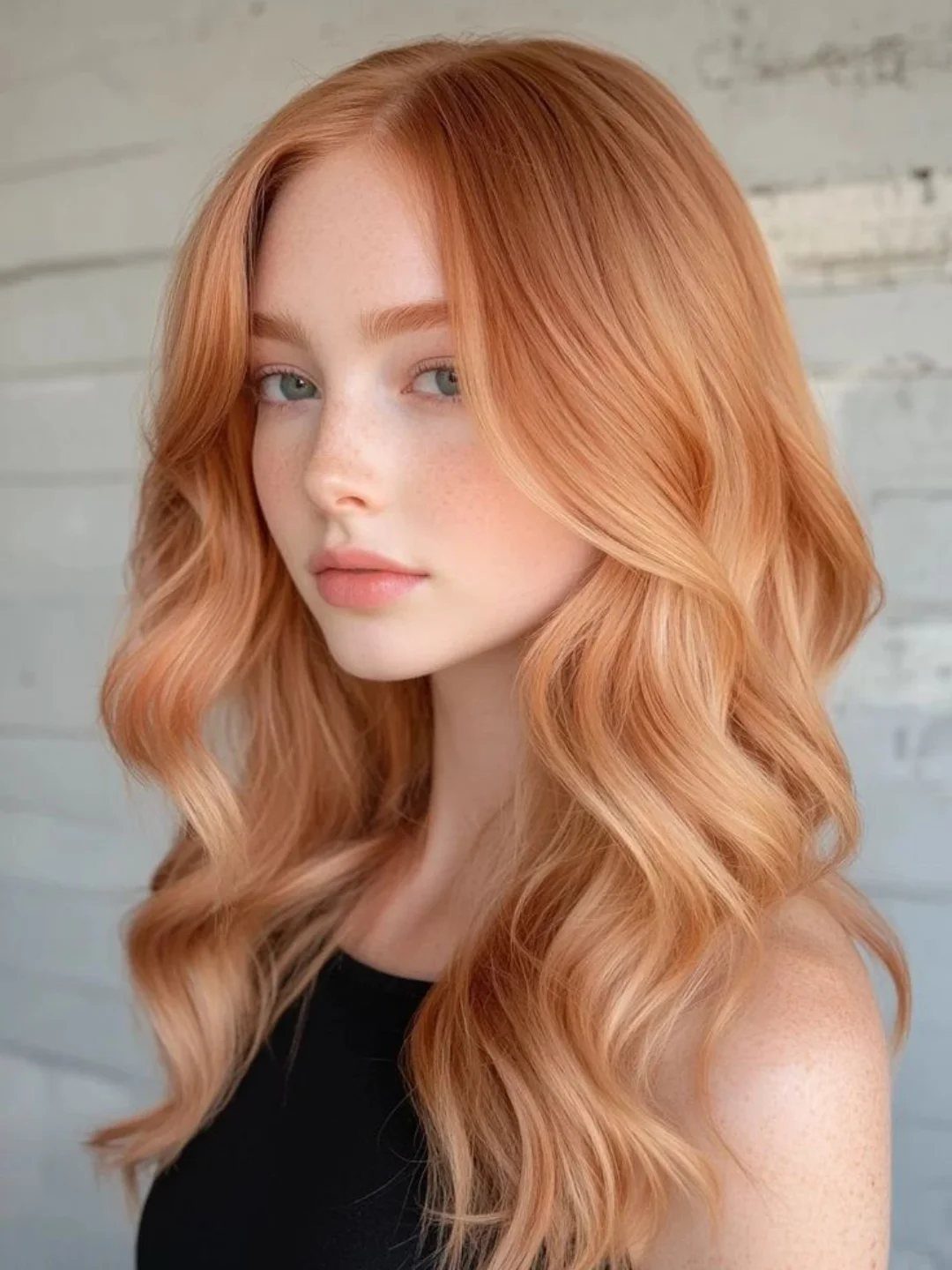Woman with long, softly waved strawberry-blonde hair against a pale brick wall
