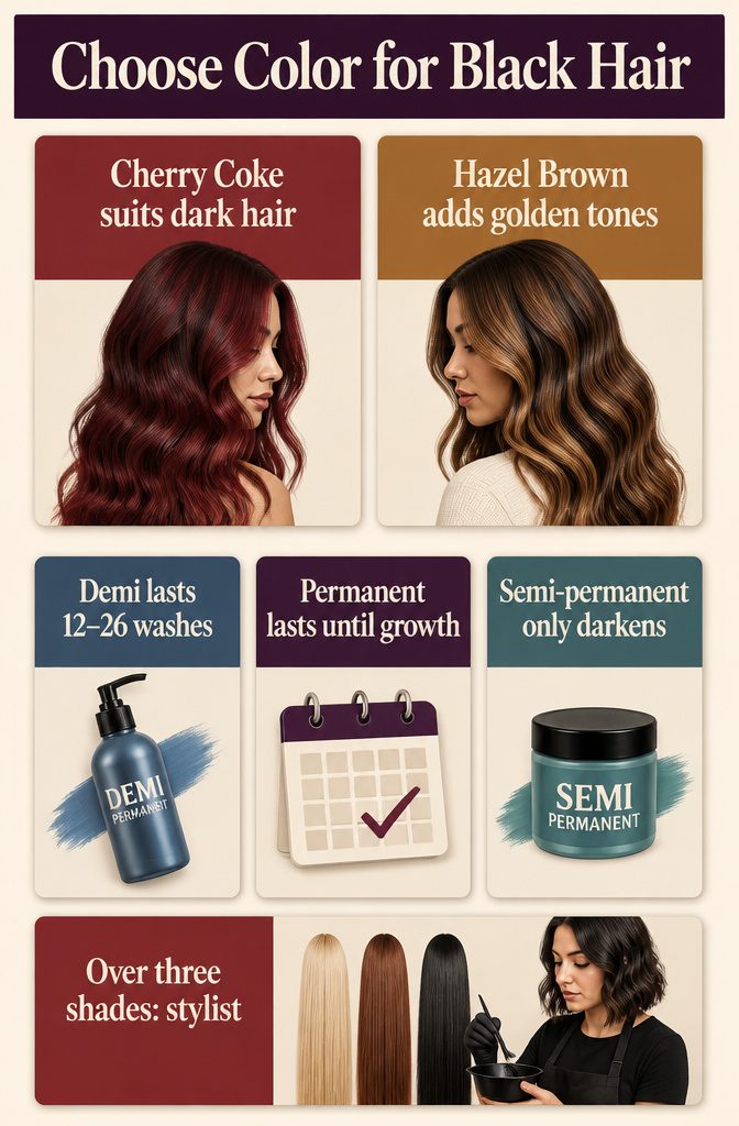 Black hair color chart with deep red and golden brown shade examples