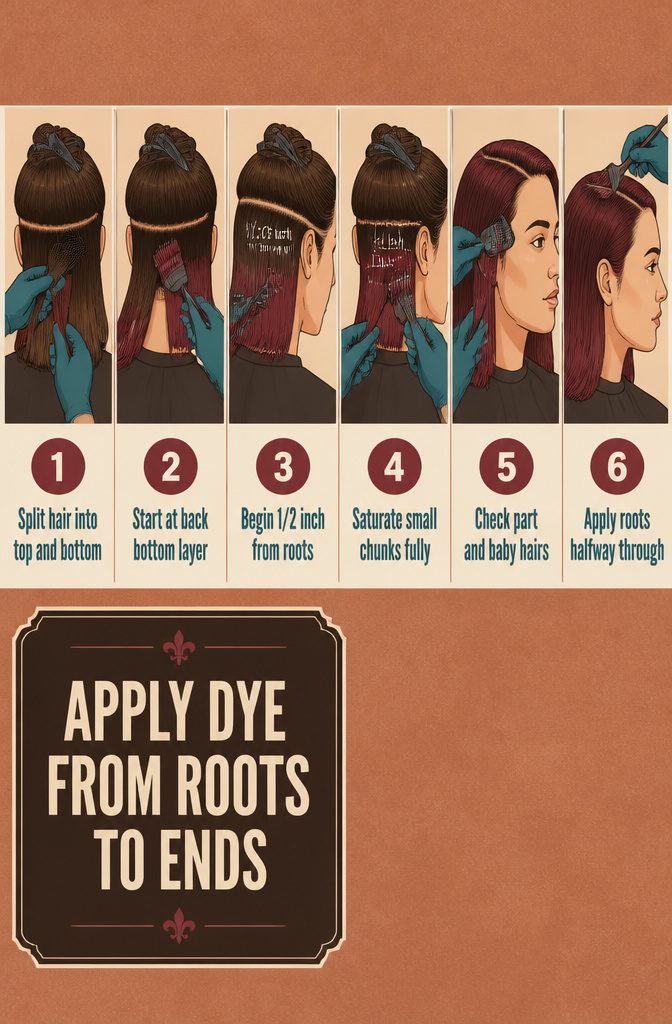 Gloved hands applying hair dye to sections from roots through the lengths