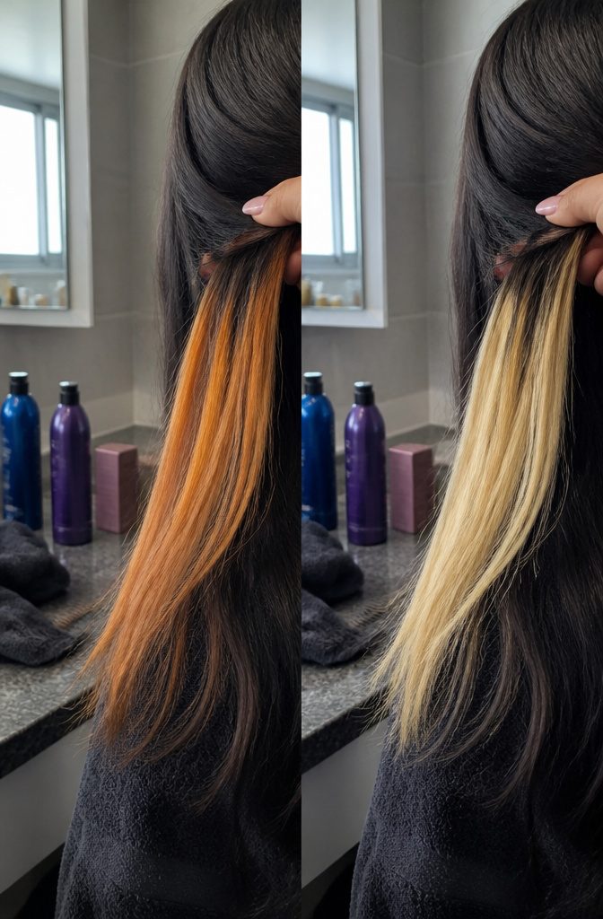 Blue and purple toning shampoos beside strands with orange and yellow tones