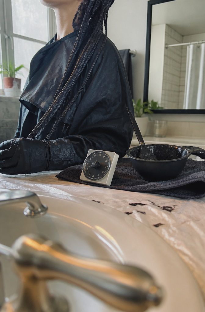 Fully coated black hair with a timer and hair color kit nearby