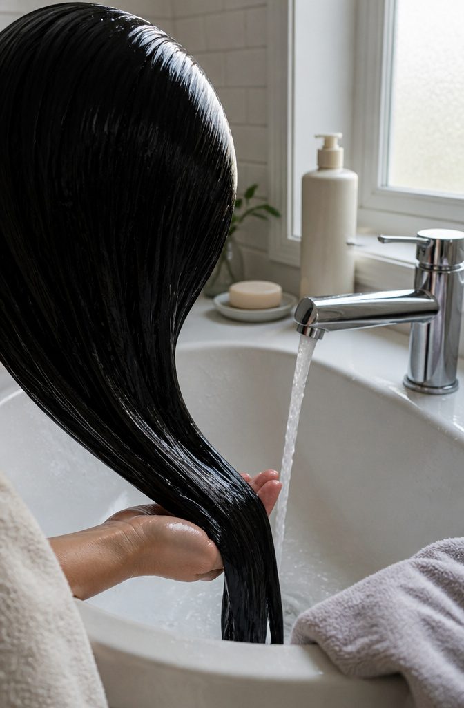 Black hair being rinsed under cool water after dye processing