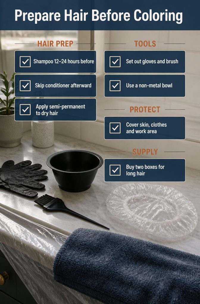Hair dye preparation tools including gloves brush bowl and shower cap