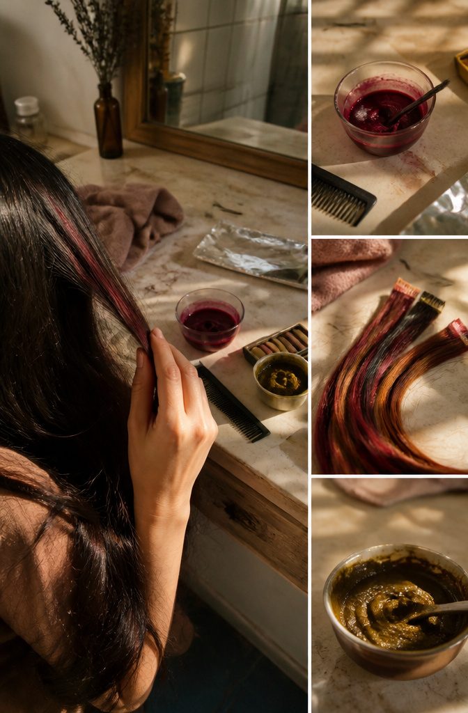 Hair chalk temporary dye and natural coloring ingredients arranged together