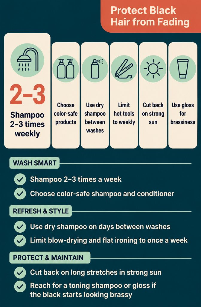 Color-safe shampoo conditioner and dry shampoo arranged beside dark hair