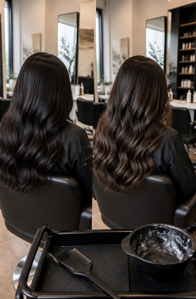 Espresso hair with lighter brown ribbons woven through a dark base