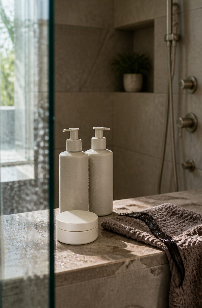 Unmarked sulfate-free hair products beside damp espresso hair