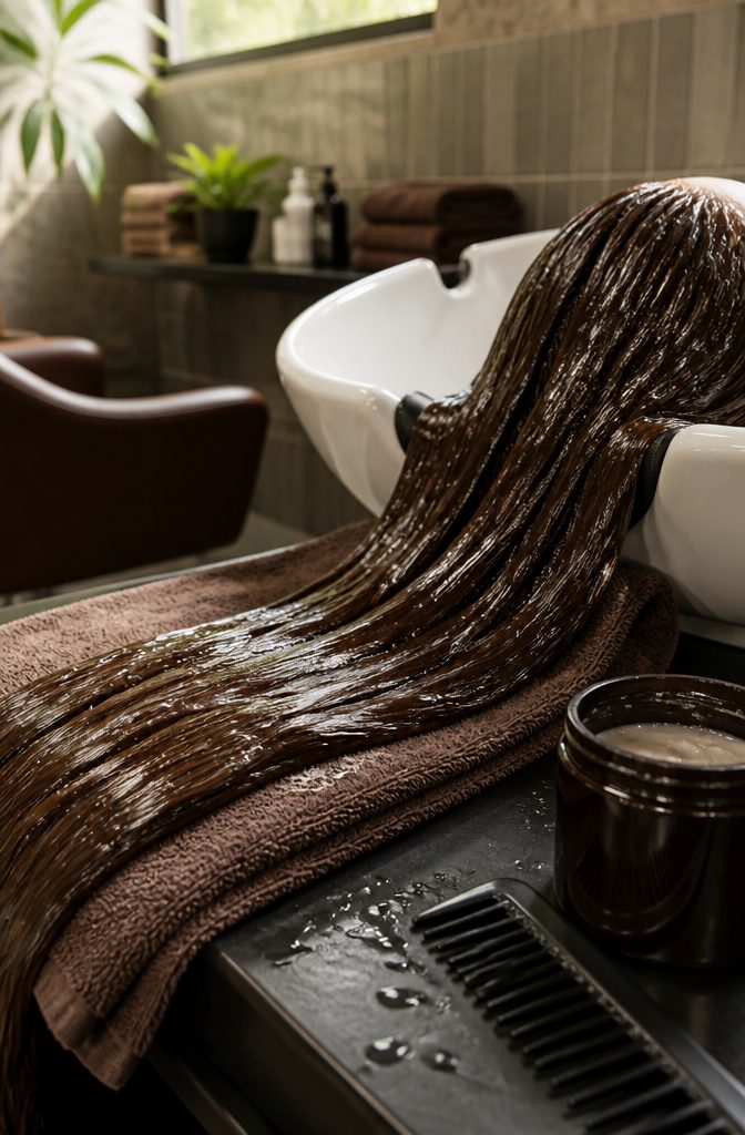 Espresso-brown hair covered with conditioning mask beside comb and jar