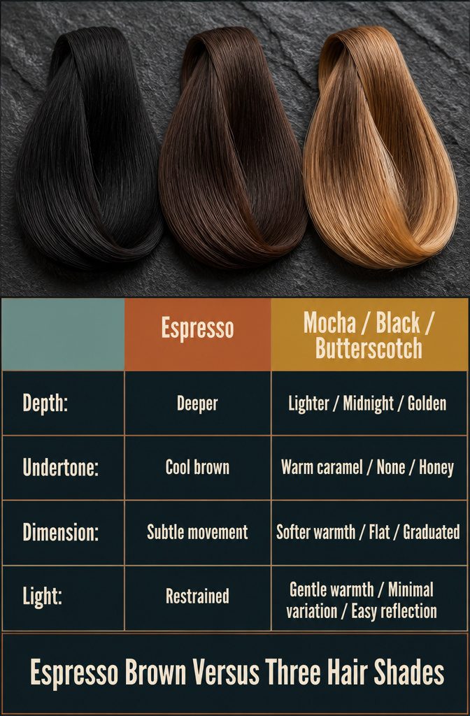 Espresso brown compared with mocha black and butterscotch hair shades