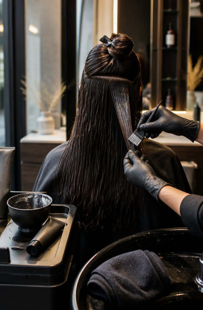 Hair gloss and toner products beside a dark hair strand