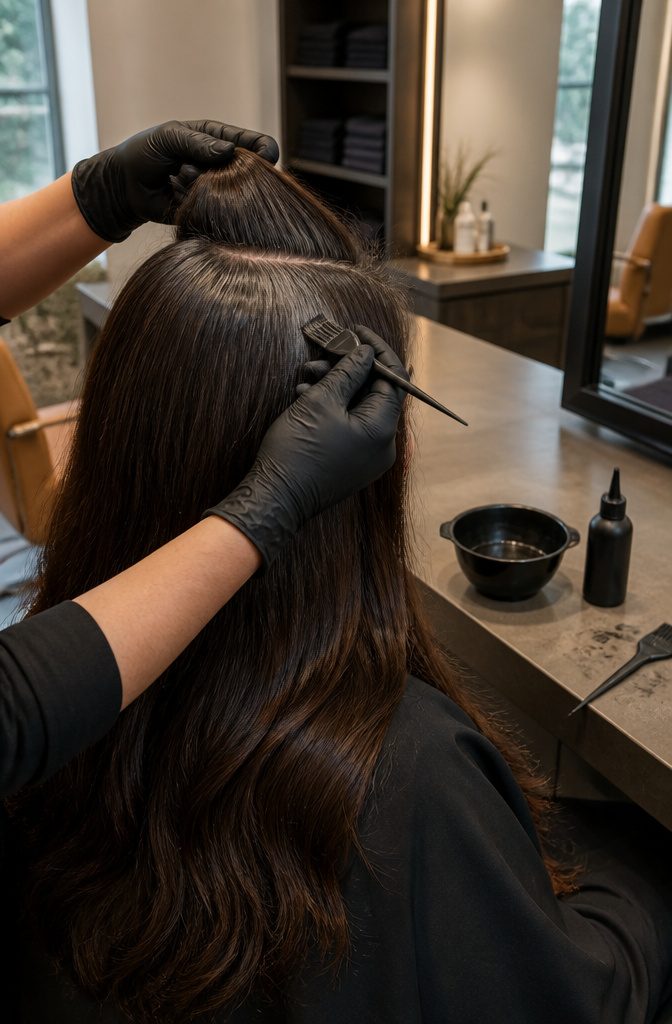 Espresso hair with silver roots and separated crown section