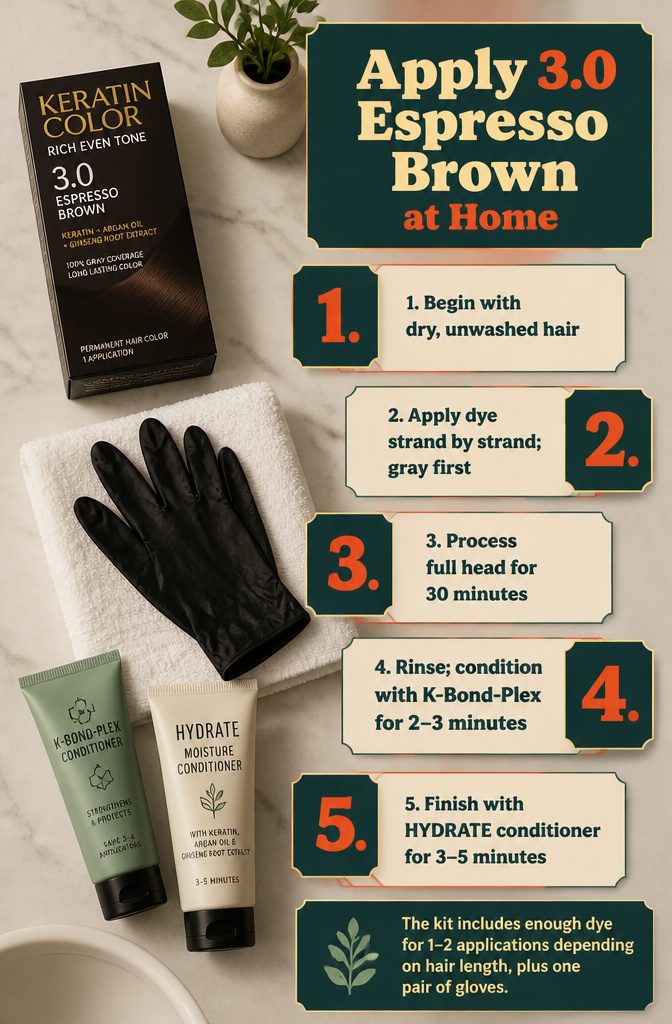 3.0 Espresso Brown kit with applicator tools and conditioner