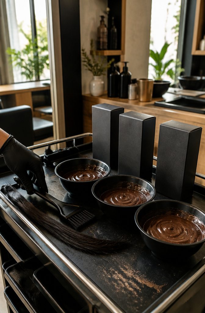 Three L'Oréal Paris cool brown hair color kits with dye bowls