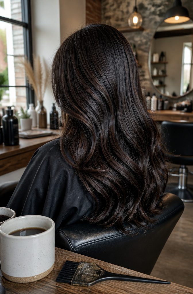 Glossy espresso hair between jet black and medium brown
