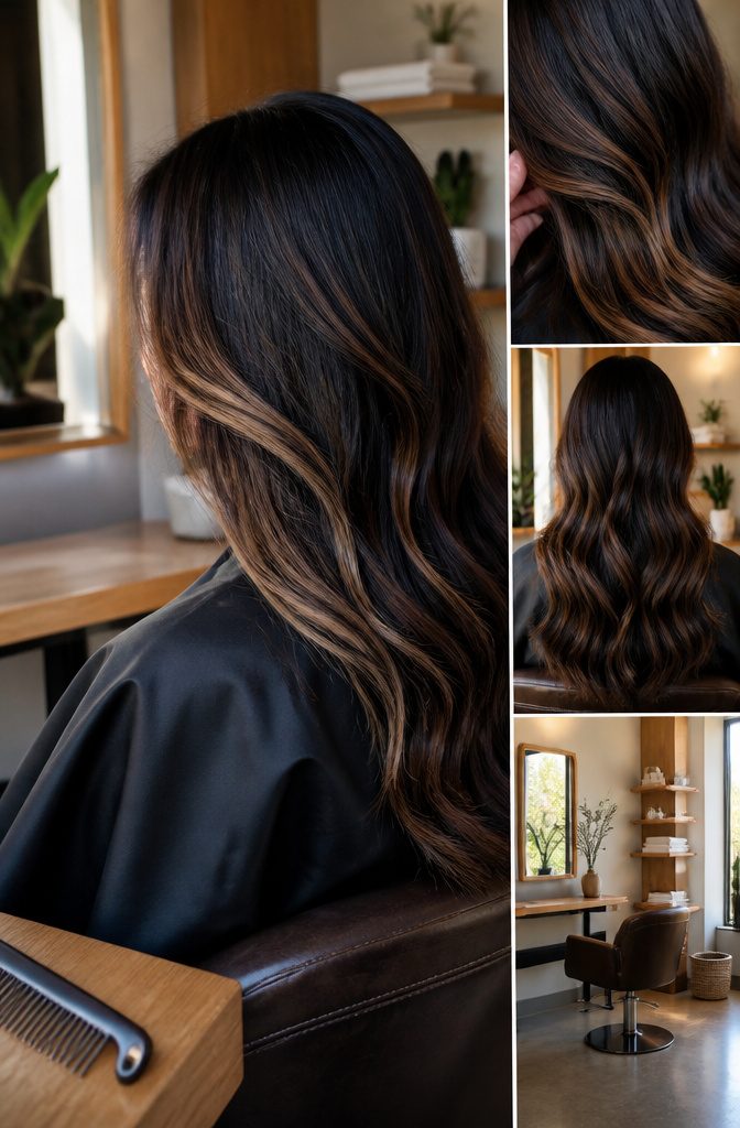 Espresso hair with caramel pieces around the face and darker lengths