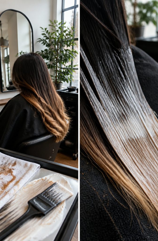 Brunette hair with caramel balayage through mid-lengths and ends and dark roots