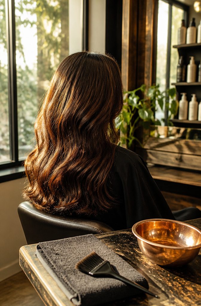 Warm brown hair with amber and copper reflections and softly blended natural roots