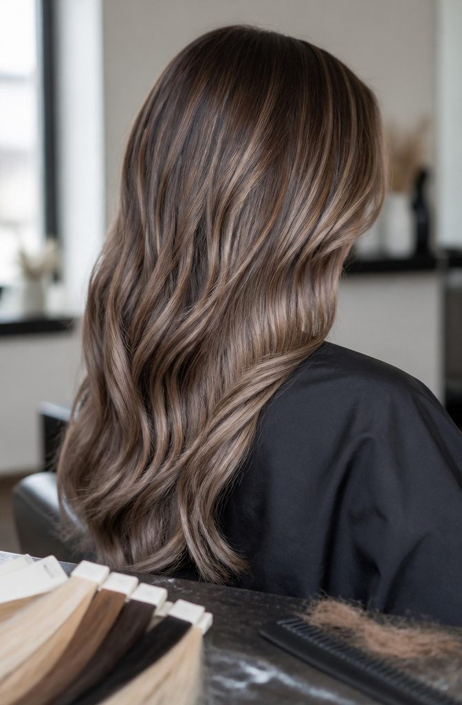 Cool brown hair with delicate ash-blonde highlights and visible natural roots