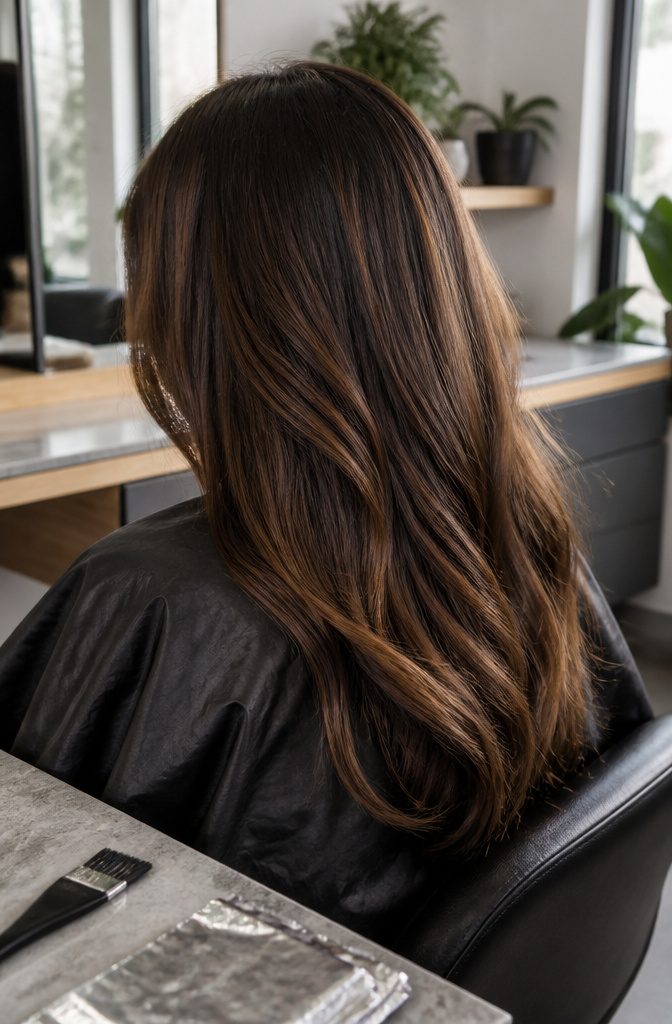 Dark brown hair with subtle lighter face-framing pieces and varied layered tones