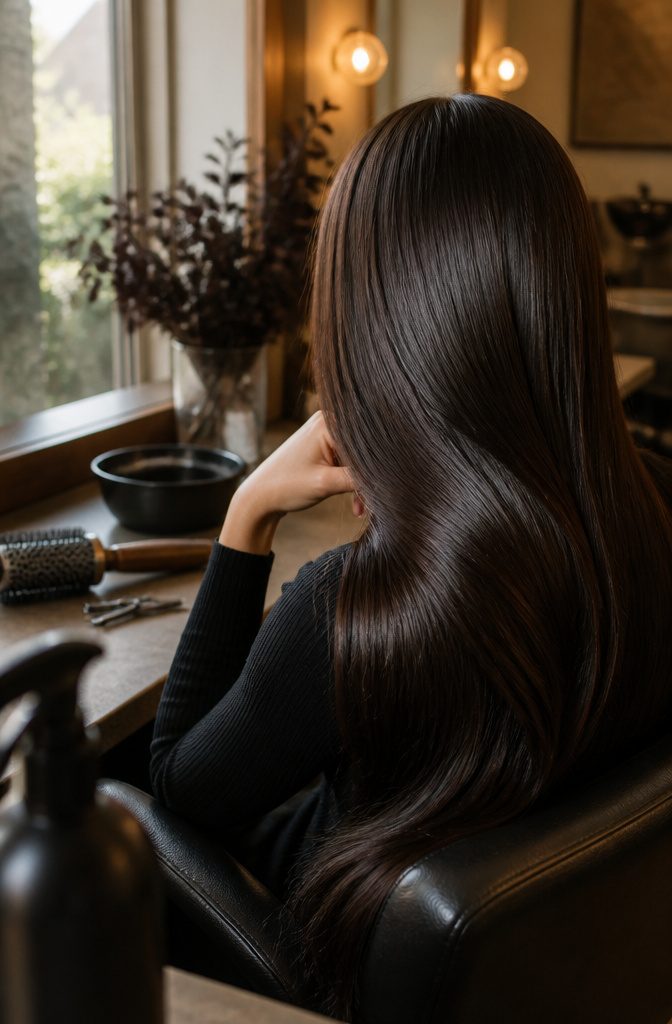Deep espresso hair in a smooth blowout with glossy reflective strands