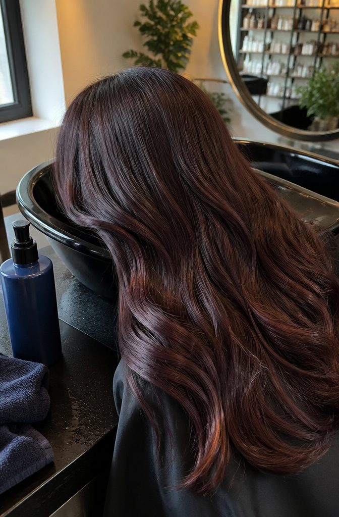 Brown hair blended with chocolate cherry mahogany red and copper tones